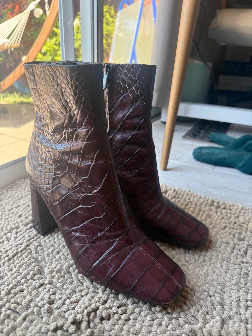 Sam Edelman Croc-Embossed Square-Toe Ankle Boots in Deep Burgundy